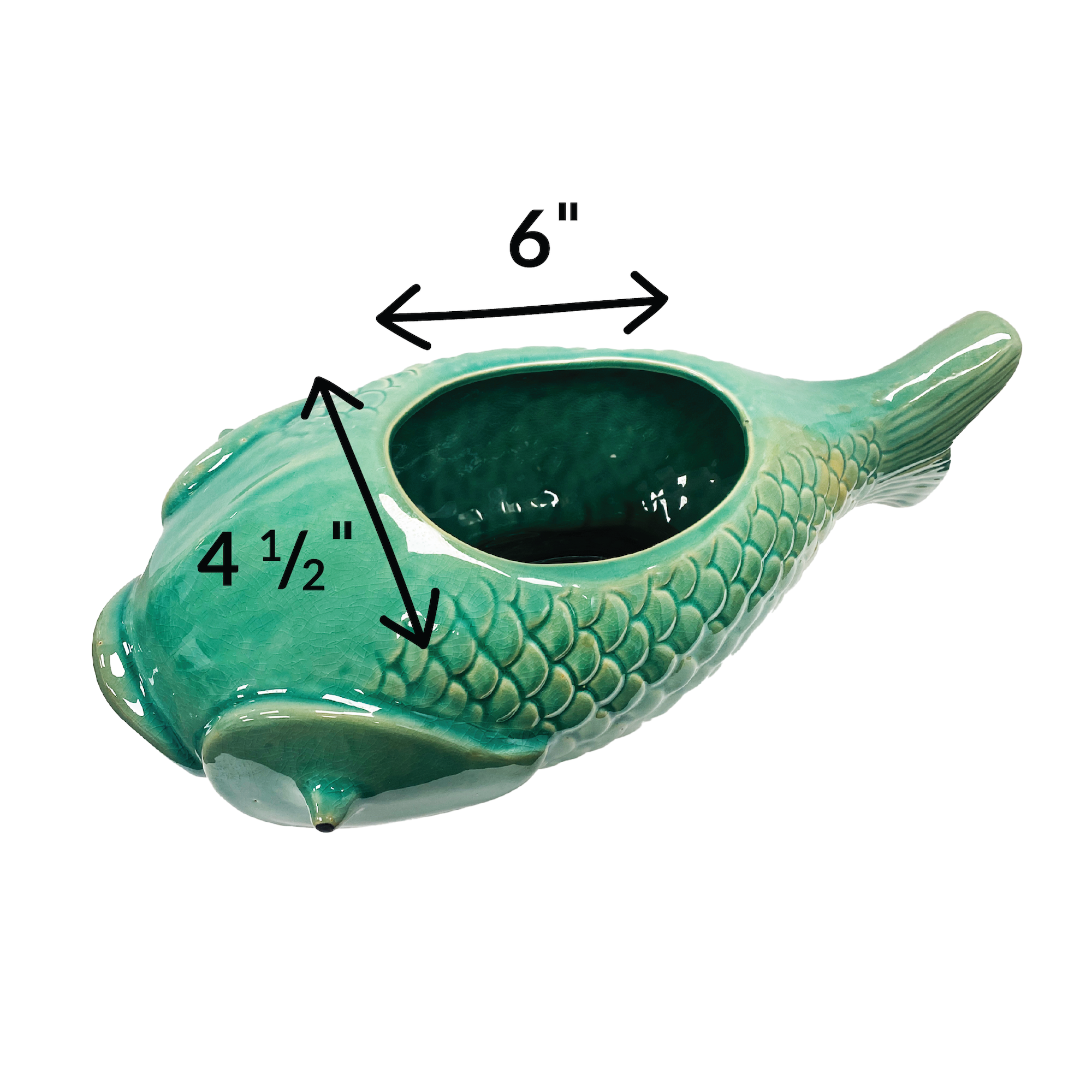 A turquoise debossed stoneware fish planter with a reactive glaze.